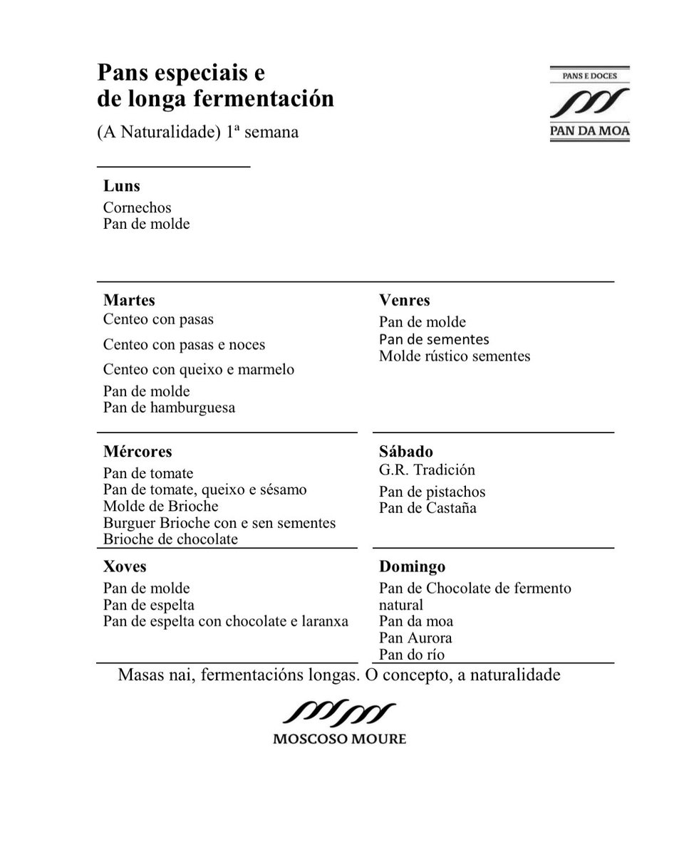 Calendario de pans especiais desta semana