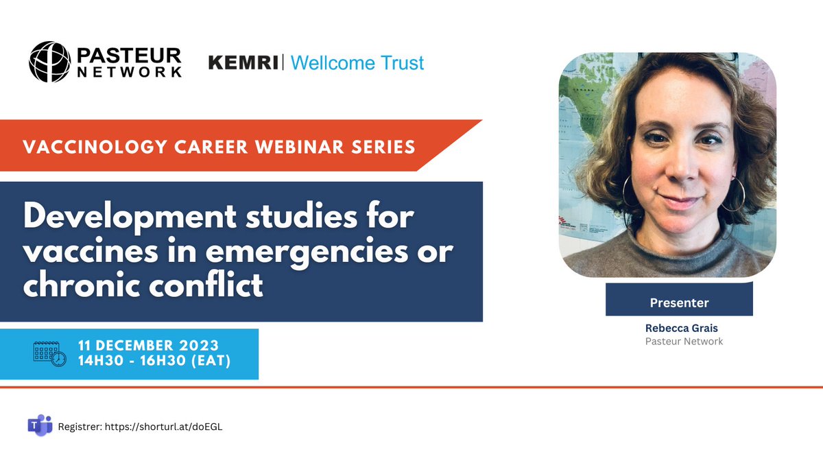 In the next Vaccinology Career Webinar 
Dr. Rebecca Grais from <a href="/institutpasteur/">Institut Pasteur, since 1887</a>  will be discussing development studies for vaccines in emergencies or chronic conflict.

📆11 Dec 2023
For more info &amp; registration 👉 shorturl.at/doEGL
#Vaccins4Africa