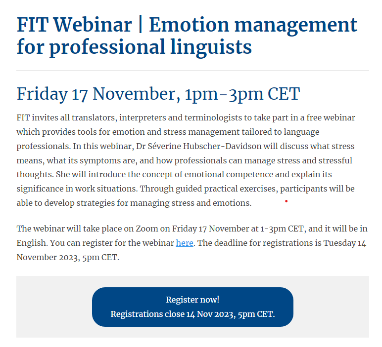 On November 17, <a href="/fit_ift/">FIT-IFT</a> organises a free webinar on emotion and stress management tailored to translators and interpreters! #xl8 #1nt 
You can register here until November 14 bit.ly/3MvdqCg