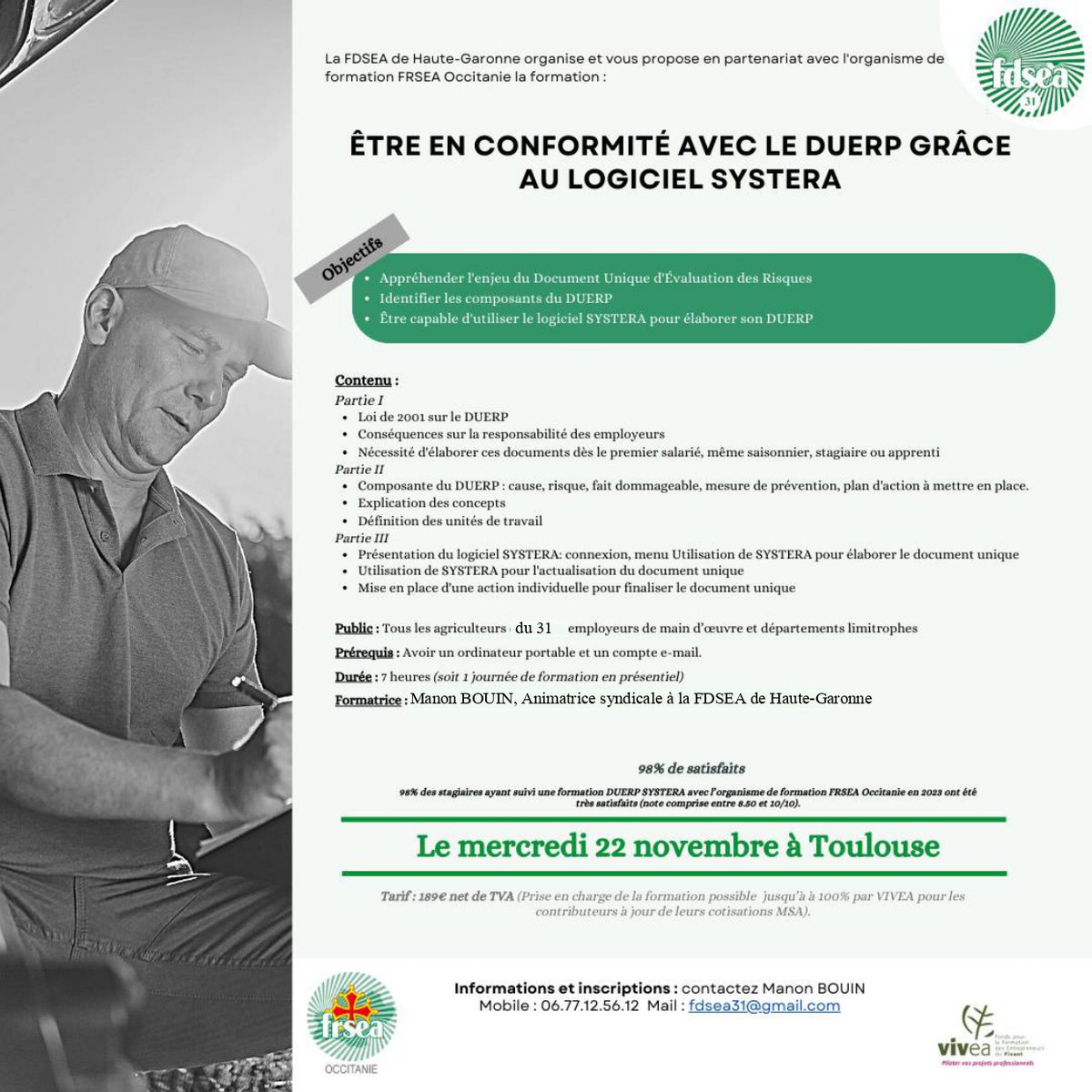 FDSEA31's tweet image. Prenez une journée pour élaborer votre DUERP, le mercredi 22 novembre à Toulouse📅

Pour recevoir le formulaire d'inscription, n'hésitez pas à nous contacter par📧à l'adresse fdsea31@gmail.com ou par📞 au 06.76.54.63.10