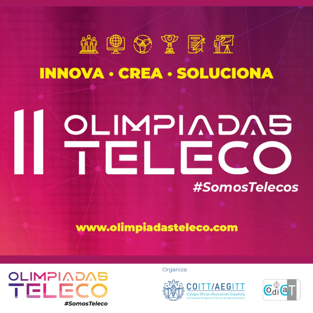 TelecoUPV's tweet photo. 🔜 ¡Regresan las II Olimpiadas de Teleco que promocionan los estudios en telecomunicación🛰️🌌 !❗Abierto el plazo de inscripciones. Finaliza el 30/11

➡️ Dirigidas a alumnado de ESO, Bachiller y FP

 https://t.co/D5CovjdNMQ @coitt_aegitt #codigat #CODITEL https://t.co/OHDA06mH22