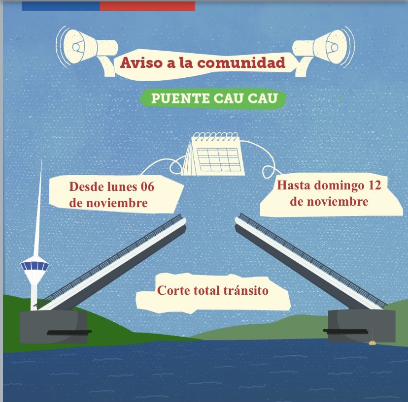 👷🏻‍♂️🛑🌉 Desde 9.00 hrs de hoy lunes 6 y hasta próximo domingo 12 de noviembre la Dirección de #VialidadMOP de <a href="/MOPdeLosRios/">Mop Los Ríos</a> mantendrá corte total tránsito en puente #CauCau de #Valdiviacl por trabajos estructurales en marco obra solución definitiva del viaducto #MOPInforma 🚕🚙🚴🏻‍♀️
