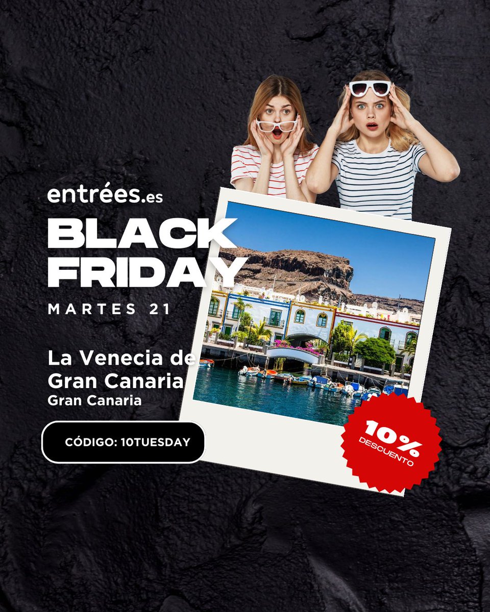💥 ¡Martes de sorpresa, martes de #BlackFriday!

Disfruta de la belleza de los pueblos costeros de #GranCanaria con “La Venecia de Gran Canaria”.

Obtén un 10% DE DESCUENTO solo para compras online con el código: 10TUESDAY

Consigue esta experiencia🎟️ entrees.es/experience/Gra…