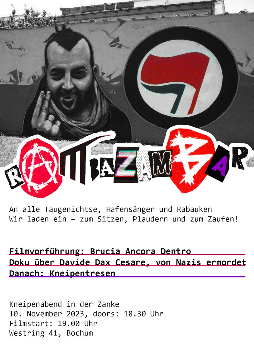 antifa_linke's tweet photo. An alle Taugenichtse, Hafensängerinnen und Rabauken
Wir laden ein - zum Sitzen, Plaudern und zum Zaufen!
Also Freitag auf in die #Zanke!
Wir zeigen den Film "Brucia ancora dentro", danach geht's weiter mit Tresen
Doors: 18.30 Uhr
Filmstart: 19.00 Uhr
#Bochum #Rambazambar https://t.co/9fvsYwzuPa