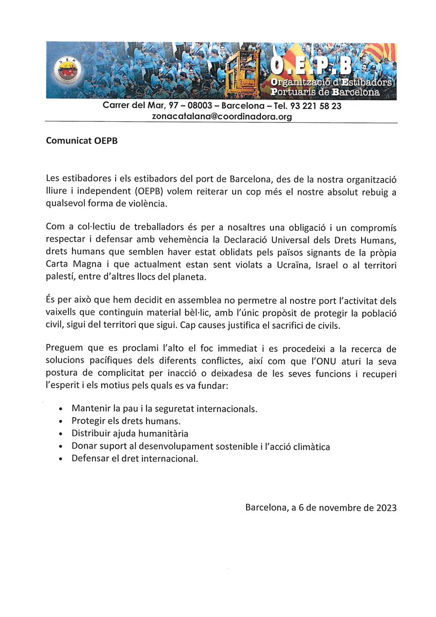 OEPB (@coordinadorabcn) on Twitter photo Comunicat oficial del sindicat d'estibadors de Barcelona #StopWarCrimes #palestina #Gaza <a href="/SoyCoordinadora/">Coordinadora - CETM</a> Comunicat oficial del sindicat d'estibadors de Barcelona #StopWarCrimes #palestina #Gaza <a href="/SoyCoordinadora/">Coordinadora - CETM</a>