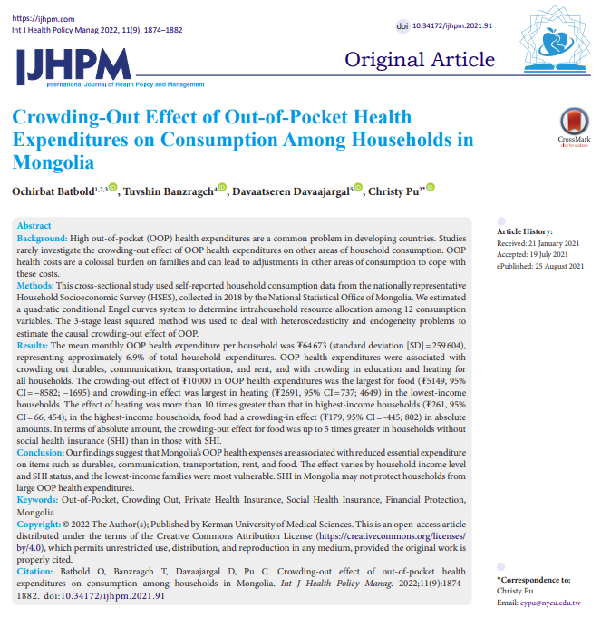 IJHPM's tweet photo. #CrowdingOut Effect of #OutofPocket Health Expenditures on Consumption Among Households in #Mongolia
https://t.co/jjrqUeGDkY
https://t.co/JdM00xxd0k
#PrivateHealthInsurance #SocialHealthInsurance #FinancialProtection #IJHPM #Epidemiology #PublicHealth #HealthPolicy https://t.co/kgVSG1KbqS