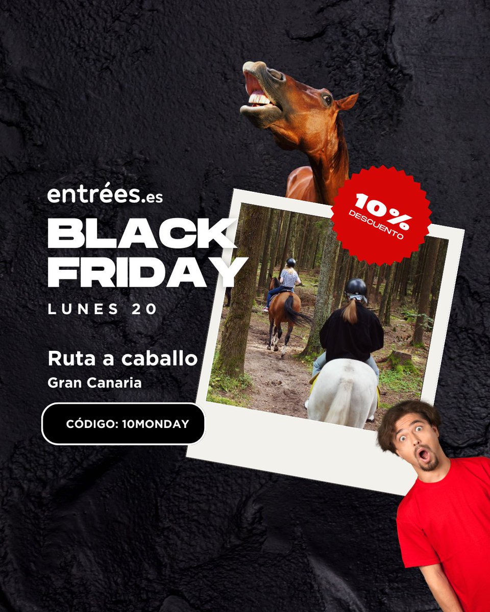 💥 ¡Comienza la semana del #BlackFriday!

Disfruta de una ruta a caballo con nuestra experiencia, de la que podrás disfrutar de un 10% DE DESCUENTO solo para compras online, con el código: 10MONDAY

¡Consigue esta experiencia! 🎟️ entrees.es/experience/Gra…