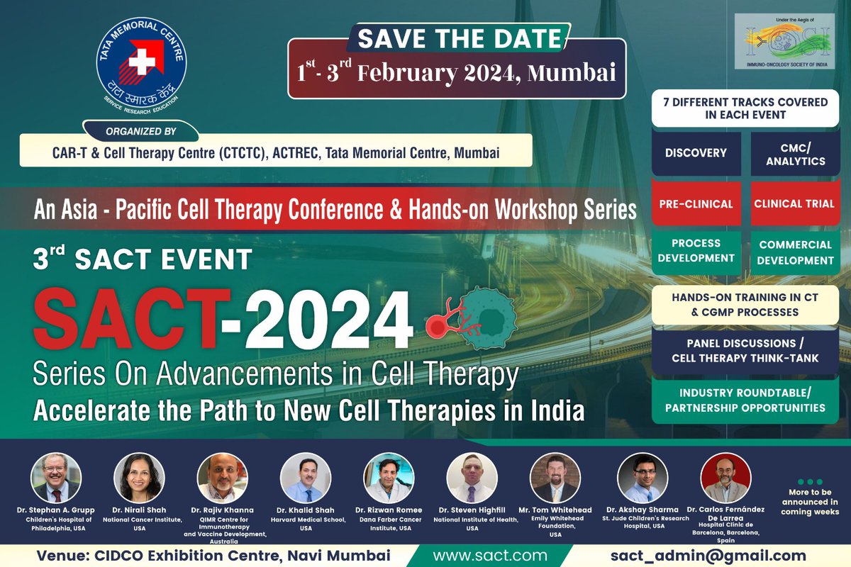 AlbeenaDr's tweet photo. Join us at our  3rd SACT Event, 1-3 Feb 2024 
"Series of Advancement of Cell Therapy," organized by  @TataMemorial 
An APAC #CellTherapy Conference 
@DrGauravNarula @GruppSteve @NiraliShahMD @khanna_rajiv @fdezdelarrea @khalidshahs @HighfillSteven @romeerizwan @AkshaySharmaMD https://t.co/UwqFQW7hXY