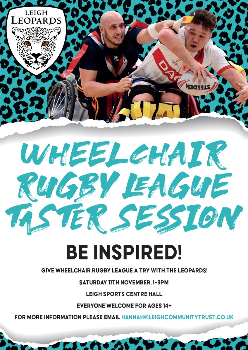 𝗪𝗛𝗘𝗘𝗟𝗖𝗛𝗔𝗜𝗥 𝗥𝗨𝗚𝗕𝗬 𝗟𝗘𝗔𝗚𝗨𝗘 𝗧𝗔𝗦𝗧𝗘𝗥 𝗦𝗘𝗦𝗦𝗜𝗢𝗡

Has the Wheelchair Rugby League World Cup made you want to try it out yourself?

We are hosting a taster session this Saturday 

📅11th November
⏲️ 1-3pm
📍Leigh Sports Centre Hall

leighleopards.co.uk/wheelchair-rug…