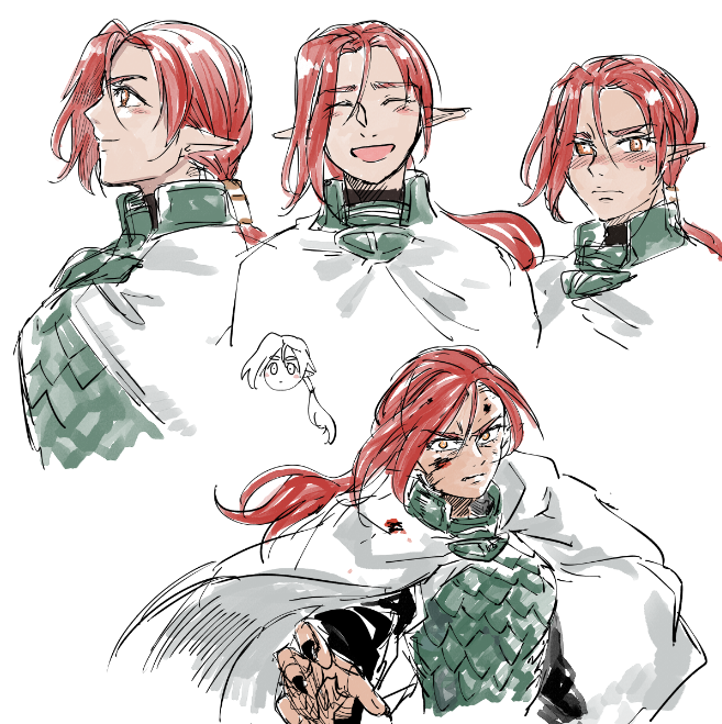 red hair pointy ears 1boy male focus ponytail long hair multiple views  illustration images