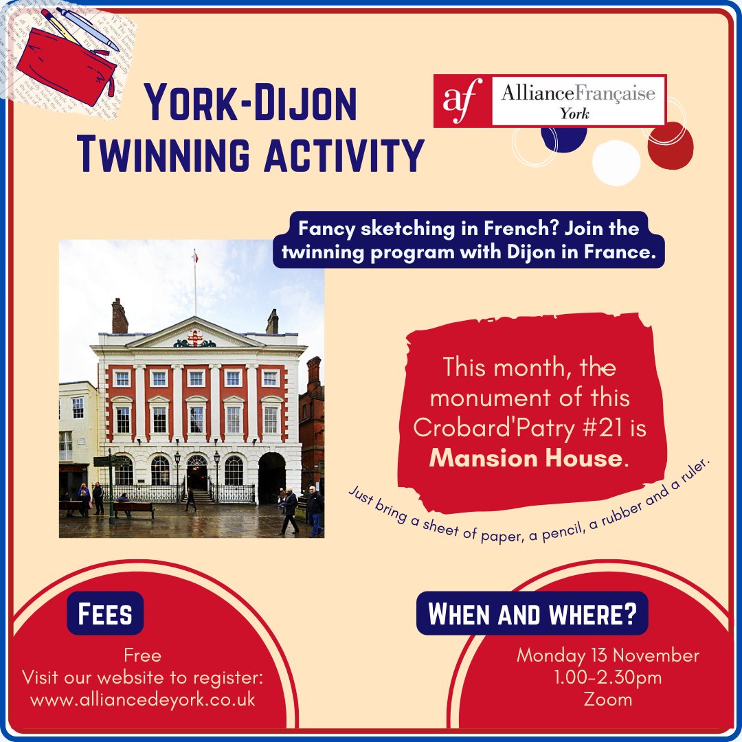 AFdeYork's tweet photo. 🥂👥 What's on in November?
Swipe up to discover our social &amp; cultural activities this month.
Visit our website for more info &amp; registration: https://t.co/sD6z2hqsxy
#meetup #bookclub #sketching #York #Dijon #learnfrench #speakfrench #frenchculture #frenchliterature https://t.co/1Imb4J47oR
