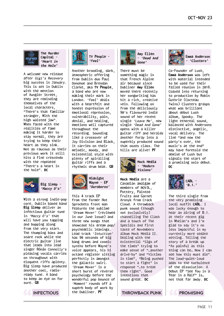 SINGLE REVIEWS!
<a href="/gurriersband/">Gurriers</a> <a href="/reallygoodtimee/">Really Good Time</a> <a href="/_noah_band/">noah band</a> <a href="/anamoe_drive/">anamoe drive</a> #liftsband #sanroccaband <a href="/trinketsband/">Trinkets</a> <a href="/DMurderCapital/">TheMurderCapital</a> <a href="/bigsleepmusic/">Big Sleep</a> <a href="/tvpeople_band/">TV People</a> <a href="/sopersprocket/">Midnight Wayne</a> <a href="/amyellenmusic/">Amy Ellen</a> @evjanderson <a href="/CABL_THE_BAND/">CABL</a>