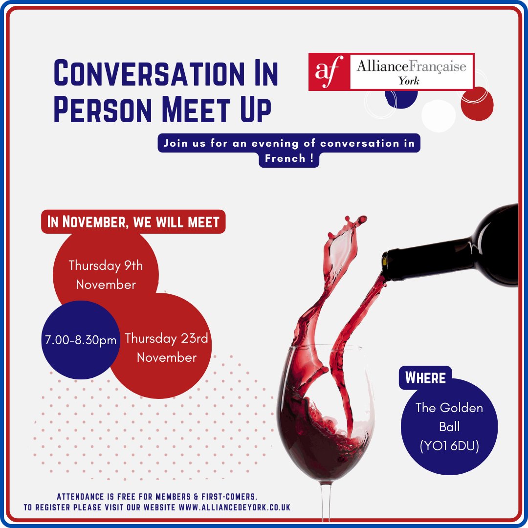 AFdeYork's tweet photo. 🥂👥 What's on in November?
Swipe up to discover our social &amp; cultural activities this month.
Visit our website for more info &amp; registration: https://t.co/sD6z2hqsxy
#meetup #bookclub #sketching #York #Dijon #learnfrench #speakfrench #frenchculture #frenchliterature https://t.co/1Imb4J47oR