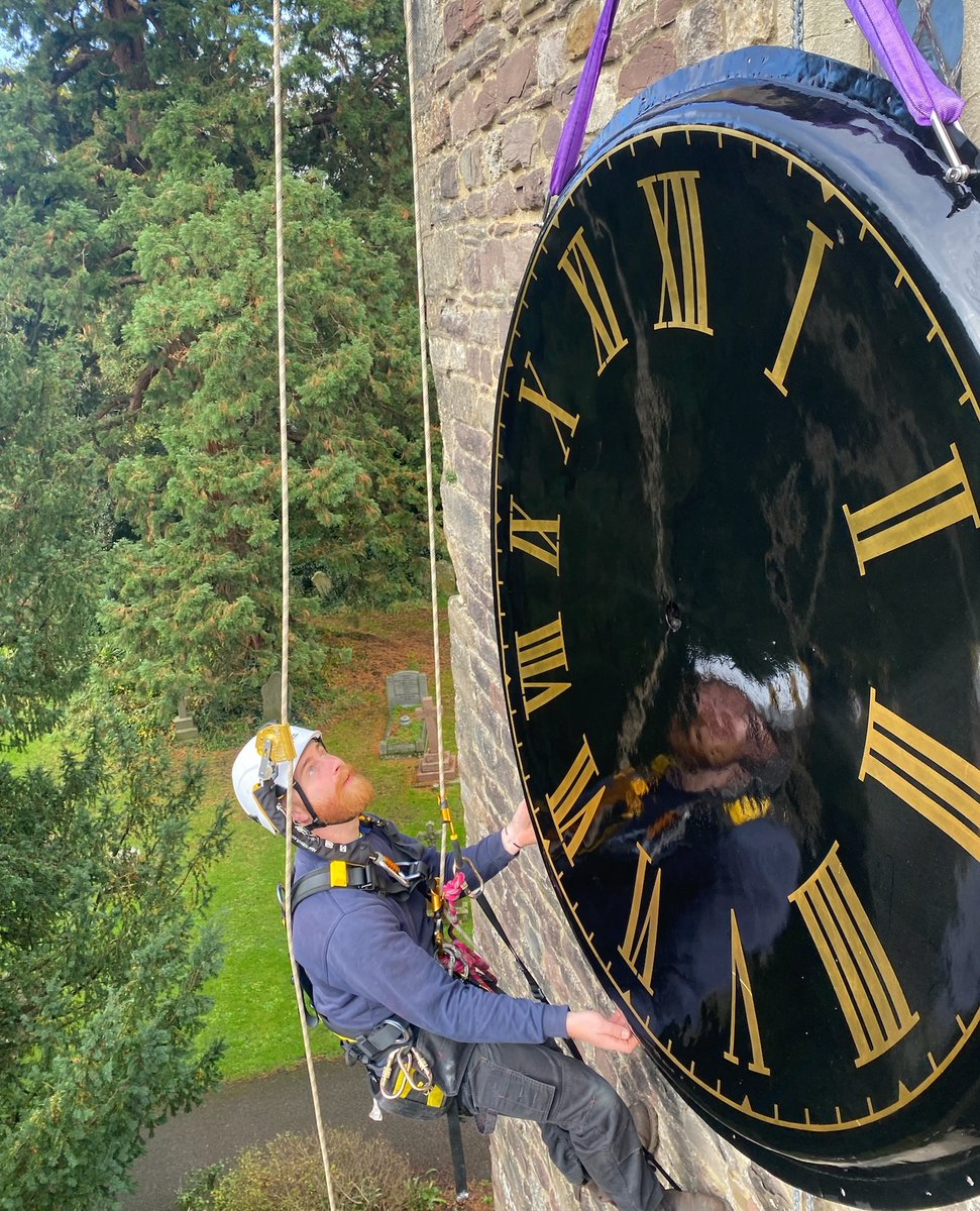 SmithofDerby's tweet image. A great installation job by Joe, Jason and Michael, who abseiled up and down #StCadocsChurch Tower, Caerleon, to refit the #clockdials, which we restored with great care at our Derby Works.⁠

2nd photo: Rev'd Sue Pratten adds her name to be hidden for hopefully many decades!