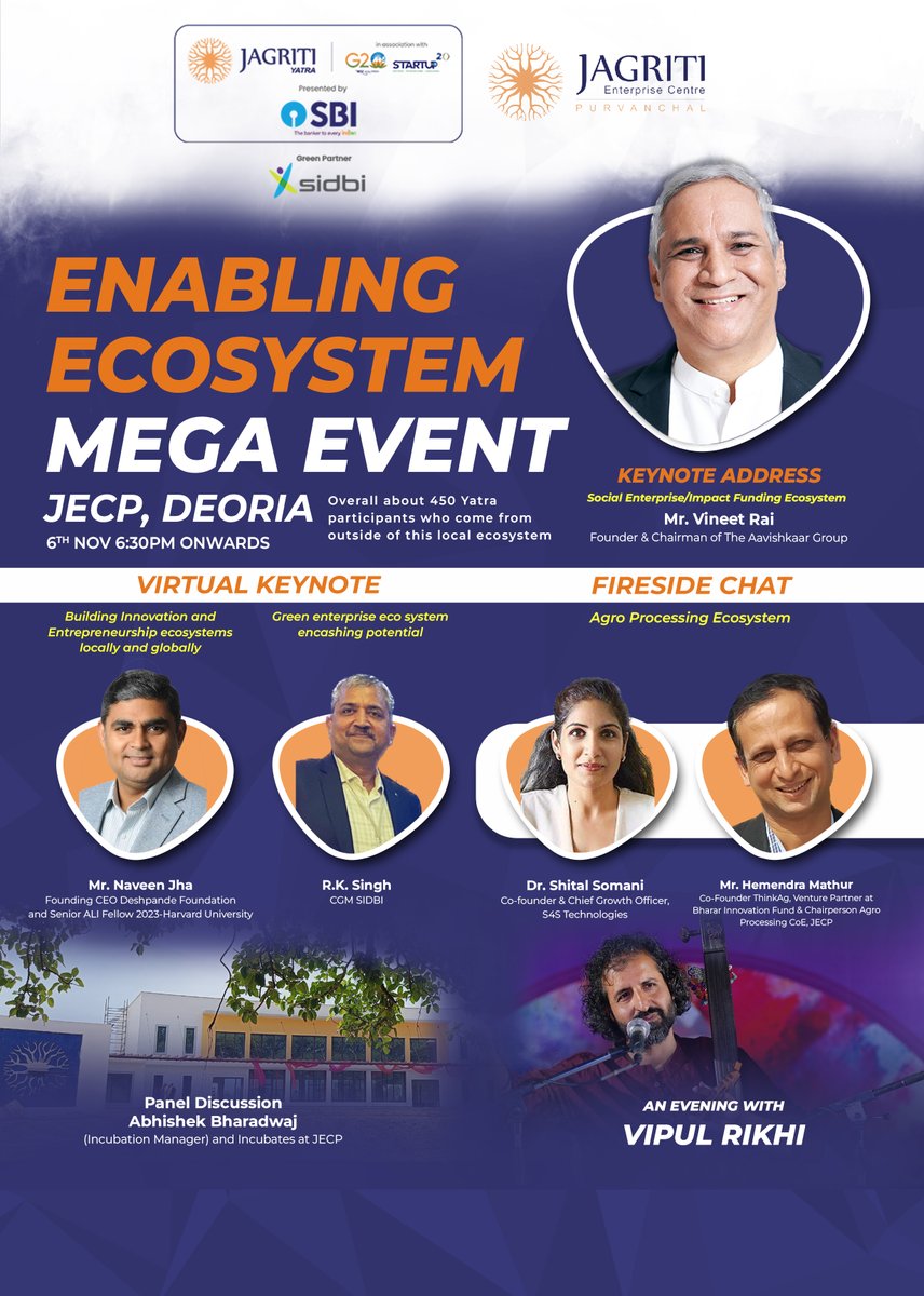 Join us at JECP, Deoria, on 6th Nov, 6:30 PM, as 450 Yatra participants converge for the Eco System Mega Event! Presented by SBI, with green partner SIDBI, it's the Jagriti-G20-Startup20 Yatra, uniting change-makers. 🌱