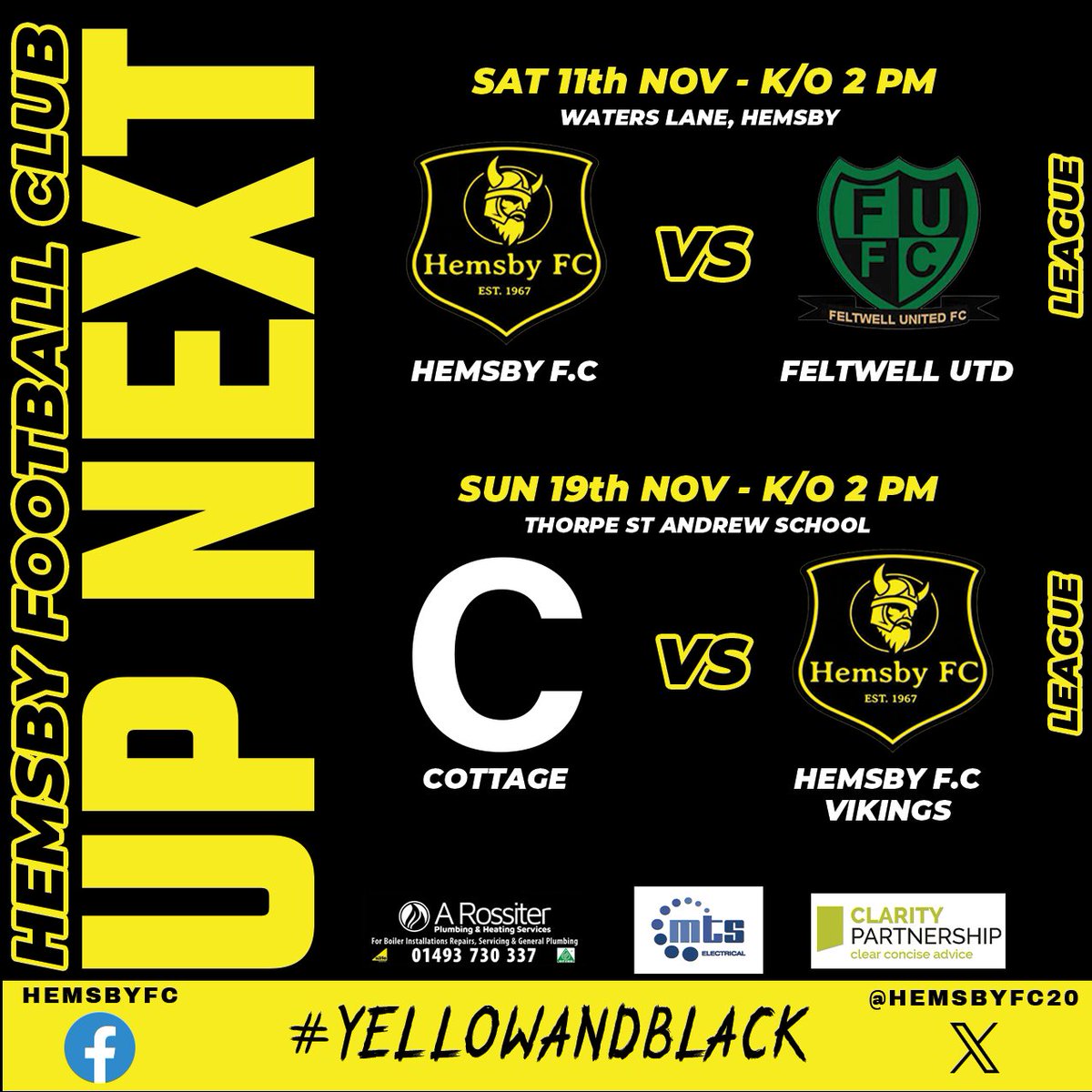 🟡⚫️UP NEXT⚫️🟡
Sat our 1st team welcome <a href="/FcFeltwell/">Feltwell Utd FC</a> to Waters Lane for the next <a href="/AnglianCom/">Fosters Solicitors Anglian Combination</a> Div 4 match, 2pm K/O
Next game for our Vets is on Sun 19/11/23 where they will be away against Cottage.
#hemsbyfc #waterslane #yellowandblack #norfolkfootball #feltwellutd #cottage