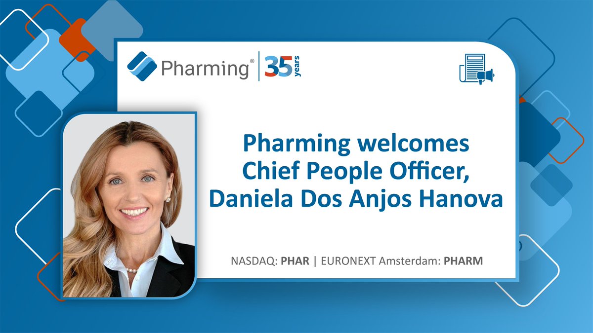 @PharmingGroupNV is pleased to welcome Daniela Dos Anjos Hanova as our new Chief People Officer (CPO) and member of the Executive Committee as of today. For more information please visit our website: bit.ly/3MthLpm