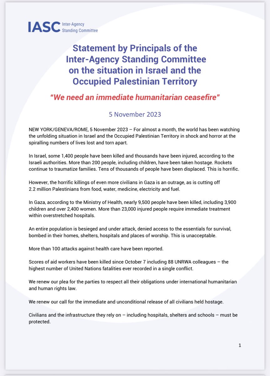 benphillips76's tweet photo. “We need an immediate humanitarian ceasefire” - OCHA, CARE International, Christian Aid, ICVA, InterAction, IOM, Mercy Corps, OHCHR, Save the Children, 
UNDP, UNFPA, UNHCR, UN Habitat, UNICEF, UN Women, WFP, and WHO.

https://t.co/pjdTDnwJDe https://t.co/R6gdyTicSf