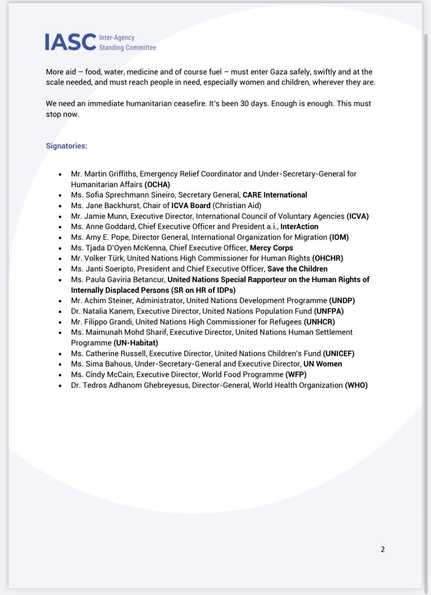 “We need an immediate humanitarian ceasefire” - OCHA, CARE International, Christian Aid, ICVA, InterAction, IOM, Mercy Corps, OHCHR, Save the Children, 
UNDP, UNFPA, UNHCR, UN Habitat, UNICEF, UN Women, WFP, and WHO.

interagencystandingcommittee.org/about-inter-ag…