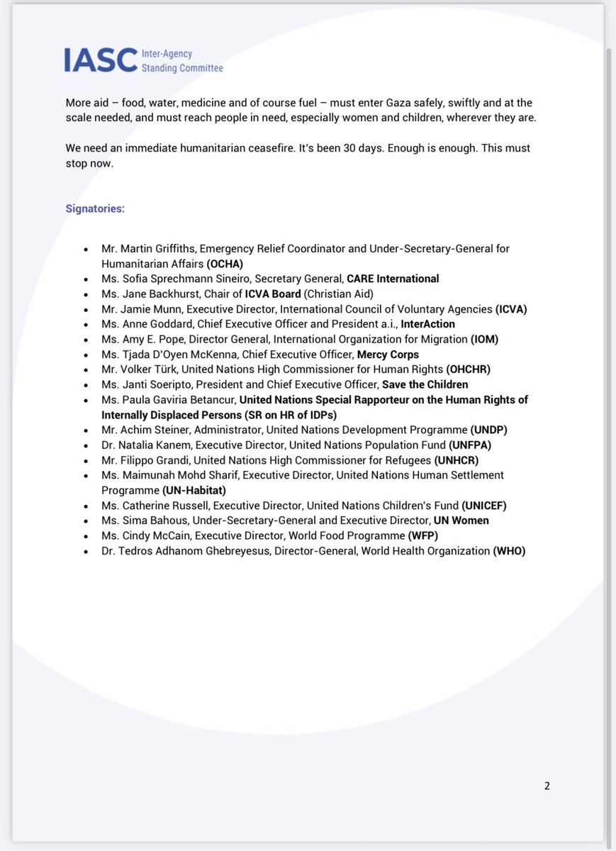 “We need an immediate humanitarian ceasefire” - OCHA, CARE International, Christian Aid, ICVA, InterAction, IOM, Mercy Corps, OHCHR, Save the Children, UNDP, UNFPA, UNHCR, UN Habitat, UNICEF, UN Women, WFP, and WHO. interagencystandingcommittee.org/about-inter-ag…