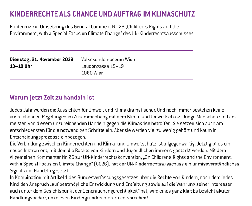 _CCCA_'s tweet photo. Kinderrechte als Chance und Auftrag im Klimaschutz - Konferenz zur Umsetzung des #GeneralComment26👧👦

📌 Dienstag, 21.11. // 13:00 // im @Volkskundemuse 

Programm &amp; Anmeldung: https://t.co/akW5uutauu https://t.co/fdXoBLzI2F