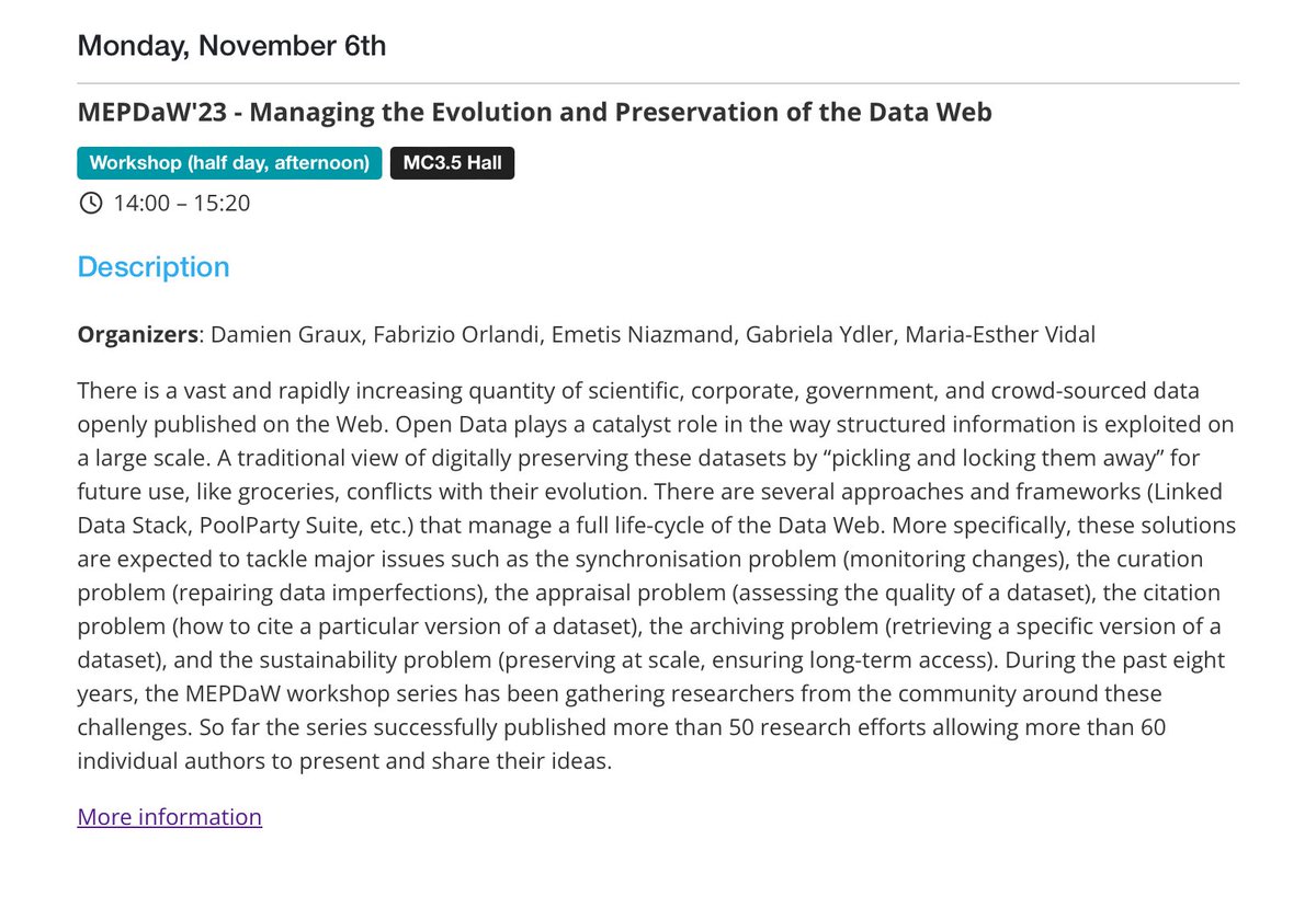 MEPDaW workshop (@mepdaw) on Twitter photo It’s today‼️ the <a href="/mepdaw/">MEPDaW workshop</a> workshop will start at 14:00
<a href="/iswc_conf/">International Semantic Web Conference</a> It’s today‼️ the <a href="/mepdaw/">MEPDaW workshop</a> workshop will start at 14:00
<a href="/iswc_conf/">International Semantic Web Conference</a>