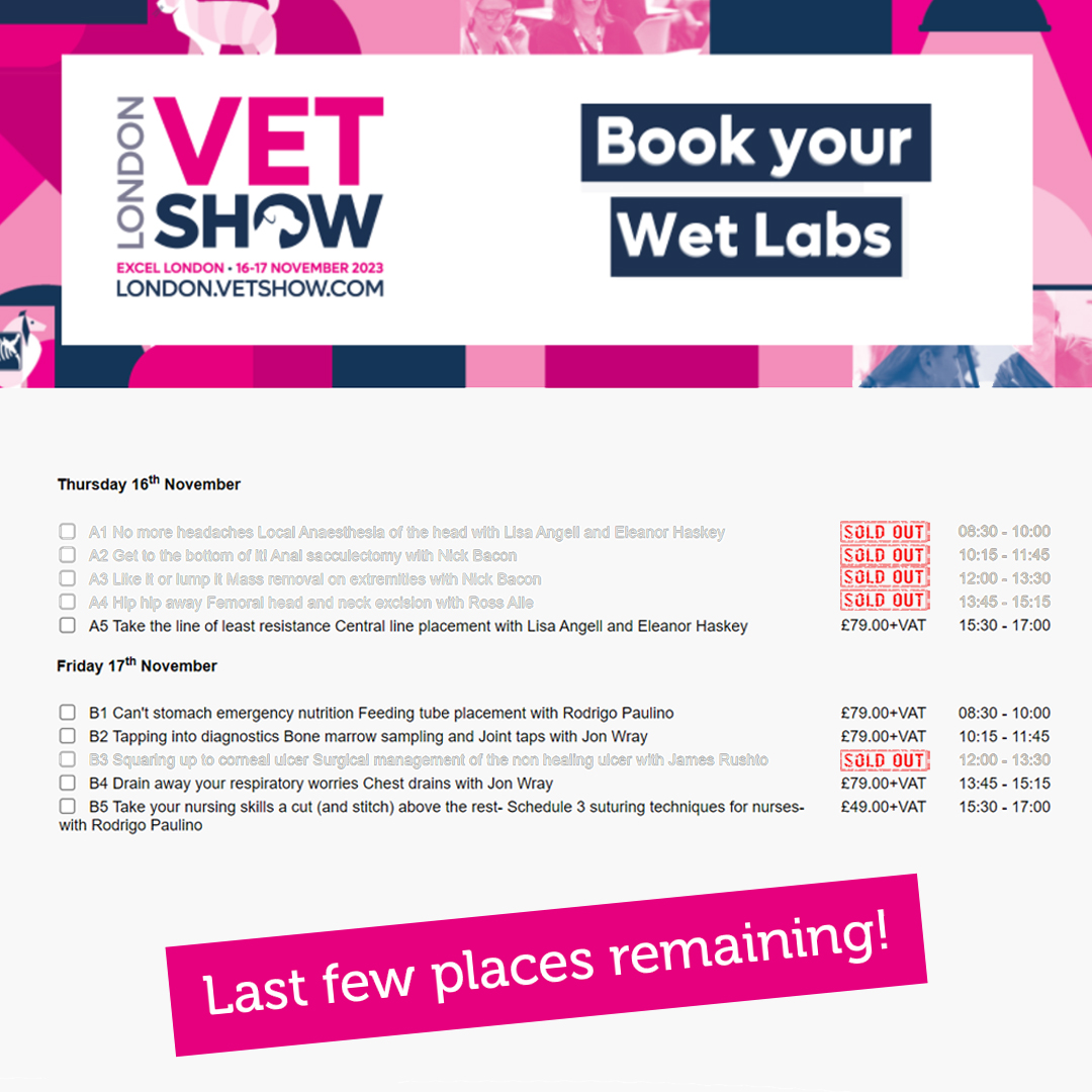 CentralCPD's tweet photo. London Vet Show is next week and some of our wet lab sessions are now fully booked, but be quick and you can still grab a place on:

- Central Line Placement
- Feeding Tube Placement
- Bone Marrow Sampling
- Chest Drains
- Schedule 3

Book now: https://t.co/T1QdtTokGa https://t.co/uIyLVSyXpQ