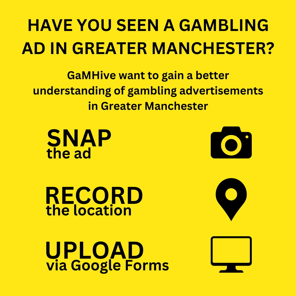 Whether on a billboard, in a bookies’ window or outside a newsagents – <a href="/GaMHive/">GaMHive</a> would love to know more about the gambling ads you’re seeing in your area. 

Help us and upload what you see to forms.gle/HXtfNTXu9G7GbR…… (Note: deadline for uploads 8/11)