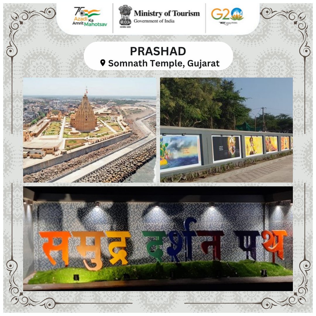 tourismgoi's tweet photo. Ministry of Tourism formulated PRASHAD scheme in line with the vision of Hon’ble PM for promoting #SpiritualTourism.
Under #PrashadScheme, development of various infrastructures has been sanctioned for the upgradation of #PilgrimageAmenities at Somnath Temple, Gujarat. #DekhoApnaDesh
Project sanctioned under PRASHAD scheme has successfully enhanced tourist’s experience through development of various amenities such as Public Convenience, Cloakroom, Cafeteria, Signage, Public Address System, Tourist Facilitation Centre, Campus & Site Development, Electrification works, and Solid Waste Management System.
@kishanreddybjp @shripadynaik @AjaybhattBJP4UK @RKVerma_IAS @ManishaSaxena10 @PIBTour @PIB_India @incredibleindia @GujaratTourism