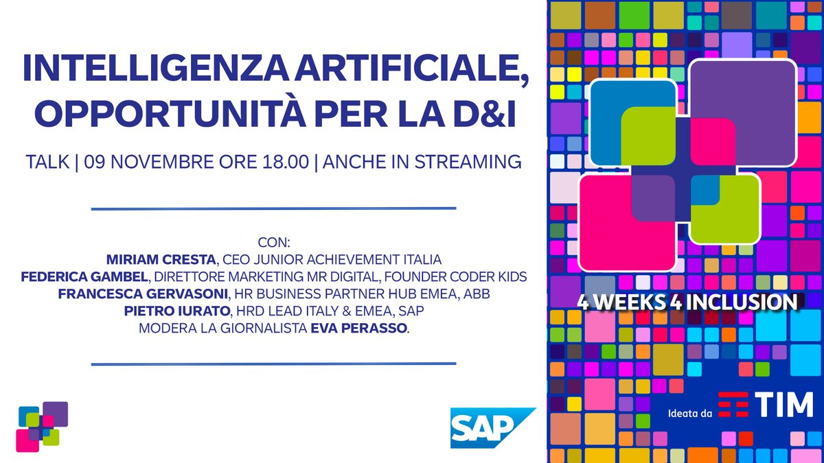 Parteciperemo a <a href="/4W4Inclusion/">4W4I</a> di <a href="/TIM_Official/">TIM Official</a> con un talk per capire l'impatto dell'IA sulla gestione delle risorse umane e le nuove competenze. Vi aspettiamo il 9/11 alle 18 in V. Tortona 31 a Milano o live 4w4i.it/live 
Per info, scrivere a SAPpr@imageware.it
#4W4I