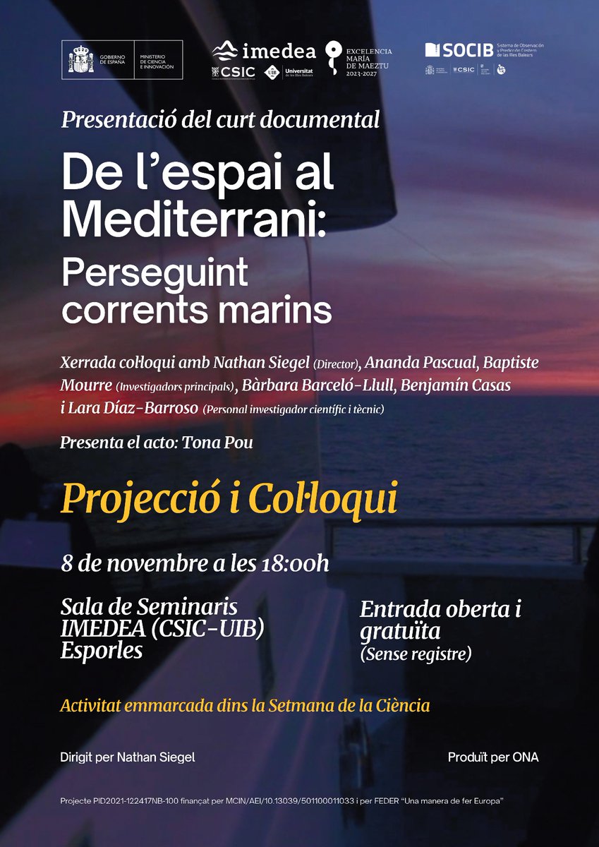 socib_icts's tweet photo. 1⃣🛰️ Estrenem curt-documental #FaSt_SWOT!
Us convidem a la seva projecció i posterior xerrada col·loqui en el marc d'activitats @IMEDEA_UIB_CSIC /#SOCIB de la #SemanaCiencia2023
🗓️ 8/11
🕕18h
📍#IMEDEA
🎟️oberta i gratuïta fins a completar aforament
➕info https://t.co/2H31VRhk72 https://t.co/lTeE5cT9yk