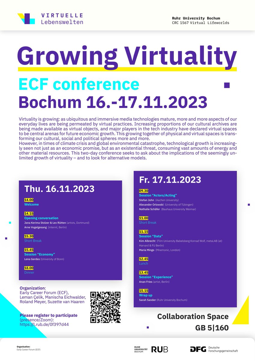 #SavetheDate The ECF conference 'Growing Virtuality' of the #SFB1567 will take place at @ruhrunibochum on 16./17.11.2023. We ask about the implications of the economic and commercial promises and the seemingly unlimited growth of virtual worlds. ➡️ virtuelle-lebenswelten.de/blog-post/grow…