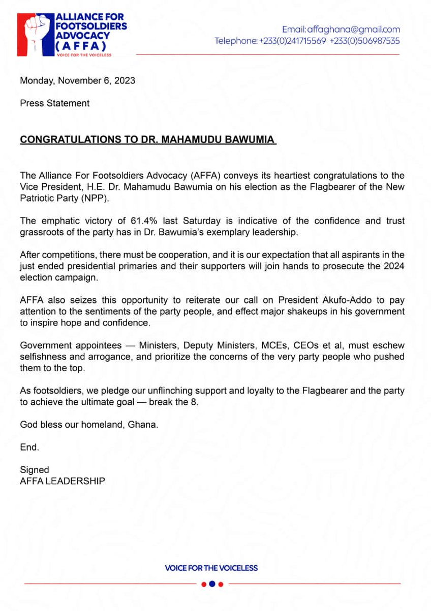 affaalliance's tweet photo. AFFA Congratulates Dr. Bawumia; Calls on President Akufo-Addo to Shakeup Government. https://t.co/iEGSve610u