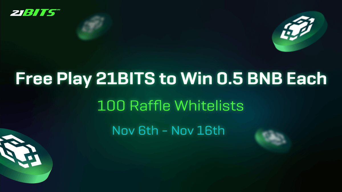 21bitsofficial's tweet photo. Free play 21BITS to get a chance to win 0.5 #BNB  each (FCFS)🎁

To show our appreciation to early adopters, we're #giveaway 100 #raffle  #whitelists. Be one of the first 100 users to complete tasks⬇️

🔸 Follow @21bitsofficial
🔸 RT 📌 & tag 3 friends
🔸 Join https://t.co/41xJmipztT
🔸 Join https://t.co/rmII6J00O3

Fill your wallet address at: https://t.co/IodQ5EV6hc