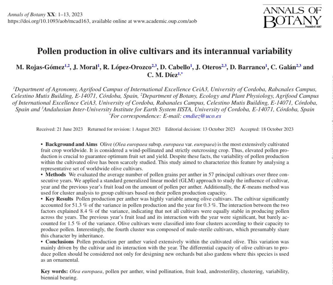 Mercesrg's tweet image. I’m delighted to share our first paper with you 🤗

📖Pollen production in olive cultivars and its interannual variability 

➡️Read more: doi.org/10.1093/aob/mc…