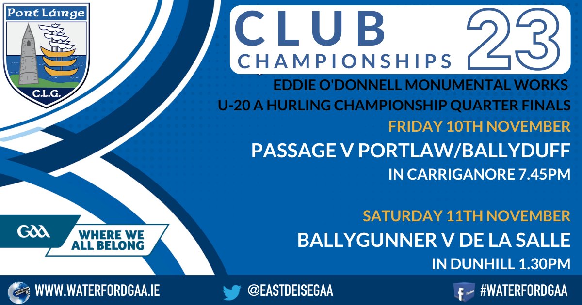 Upcoming Eastern U20 Hurling Championship Fixtures

Tickets available below
bit.ly/waterfordgaa 

Clubs are reminded to tag 
<a href="/EastDeiseGAA/">East Waterford GAA</a> and use #EWU20HC when posting updates