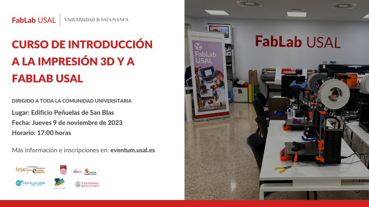 🤖 💻Curso de Introducción a la impresión 3D y a FabLab USAL.

👥 Dirigido a todas la comunidad universitaria

🗓️Jueves 9 de noviembre de 2023
🕑 17.00 horas
📍FabLab USAL, Edificio Peñuelas de San Blas

Más información e inscripciones👇
eventos.usal.es/106677/detail/…