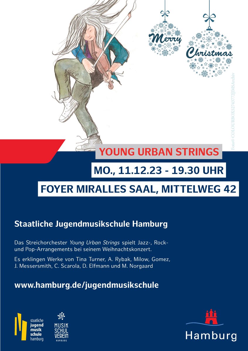 JMSHamburg's tweet photo. 🗓️Montag, 11.12. - 19.30 Uhr
Young Urban Strings Weihnachtskonzert

📌Foyer Miralles Saal, Mittelweg 42

#jms #jmshamburg #jugendmusikschule #musikschule #hamburg #musik #aufführung #konzert #weihnachten #advent #adventskonzert #weihnachtskonzert https://t.co/xlscUh4VVn