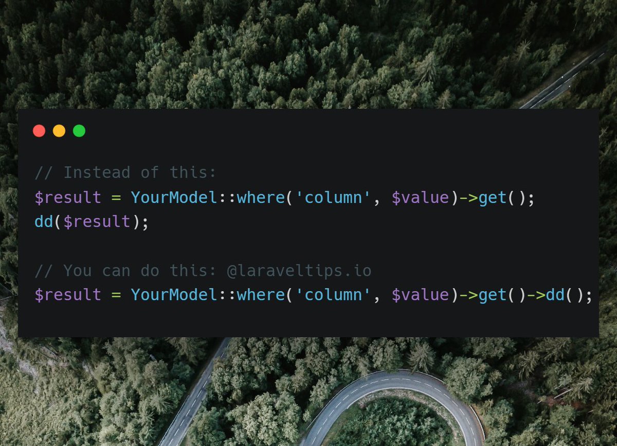 JagdishPrecise's tweet image. 🚀 Laravel Tip: Simplify your debugging process with `->dd()`! 💡
No need for separate `dd($result)` calls - just chain it at the end of your Eloquent queries for instant insights. 🐞🔍 #Laravel #DebuggingHacks #CodingTips #laraveltips #php #webdeveloper #eloquent #codeigniter