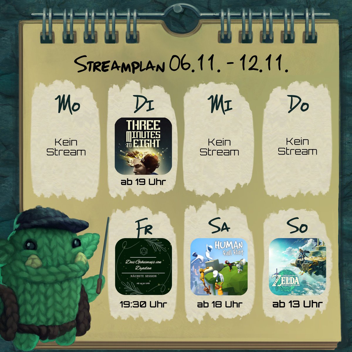 OrcJay (@theorcjay) on Twitter photo Wilde Woche, wilde Uhrzeiten!
Di, Three Minutes to Eight
Fr, Das Geheimnis von Dyadan, PnP presented by <a href="/LeilaTheLilith/">LeilaTheLilith</a>
Sa, Human Fall Flat mit @CozyKoakuma und <a href="/Hallerson_/">Jarl Hallerson @Twitch</a> , presented by HerrHallerson
So, Zelda: Tear of the Kingdom
Hier der Streamplan für KW 45: Wilde Woche, wilde Uhrzeiten!
Di, Three Minutes to Eight
Fr, Das Geheimnis von Dyadan, PnP presented by <a href="/LeilaTheLilith/">LeilaTheLilith</a>
Sa, Human Fall Flat mit @CozyKoakuma und <a href="/Hallerson_/">Jarl Hallerson @Twitch</a> , presented by HerrHallerson
So, Zelda: Tear of the Kingdom
Hier der Streamplan für KW 45: