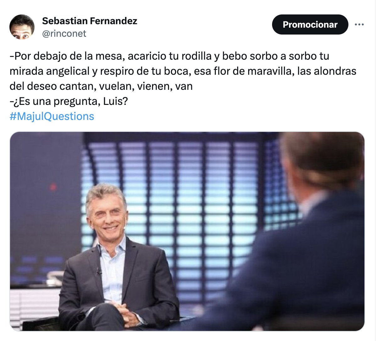 rinconet's tweet photo. ¡Cómo no recordar las preguntas que el bueno de Luis le hacía a Macri! ¡Qué jóvenes éramos! ¡Cuanta nostalgia! #MajulQuestions https://t.co/B4KDSOgzwU