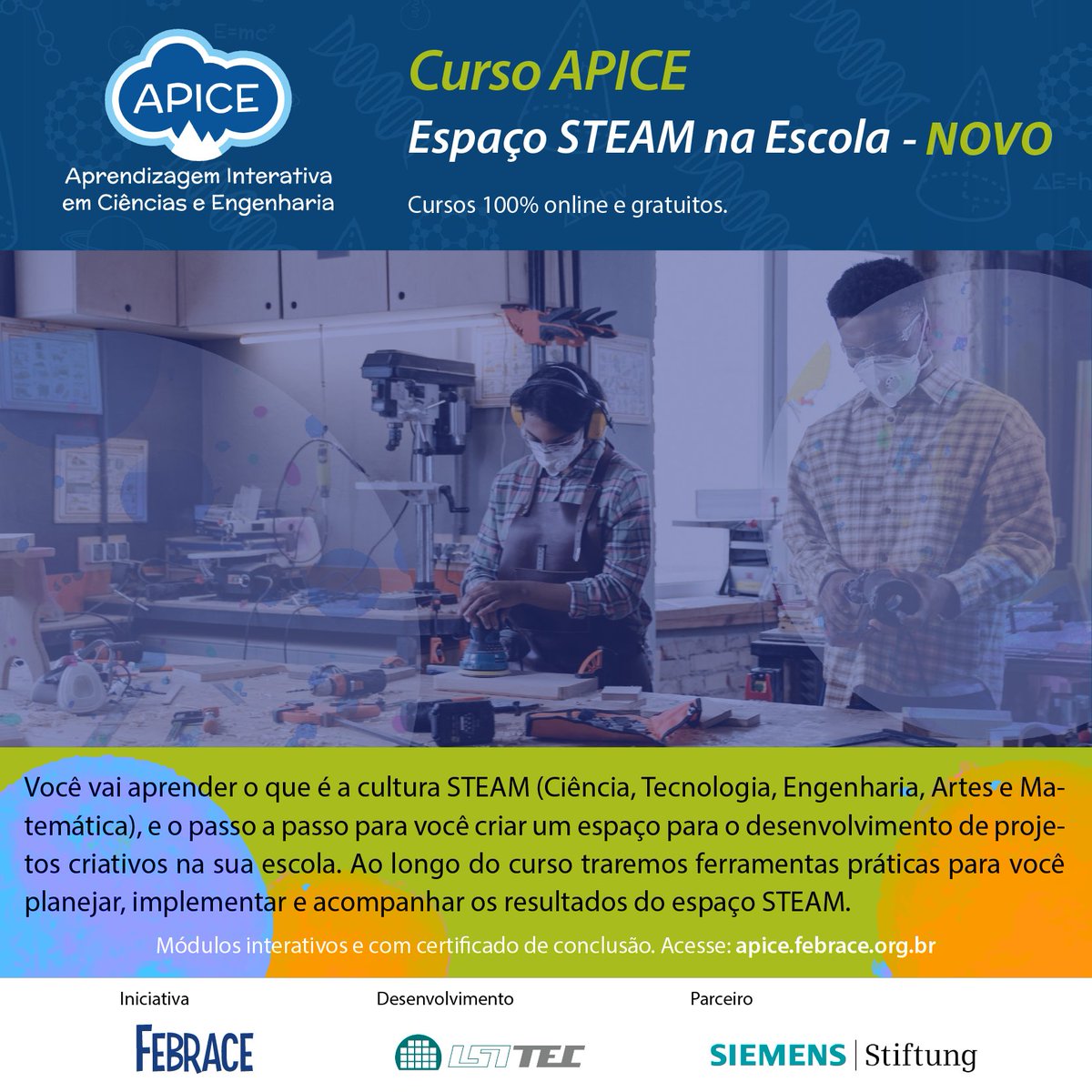 febrace's tweet photo. ➡️Curso:
✅ 100% on-line;
✅ Gratuito;
✅ 6 módulos;
✅ 30 h/aula e oferecimento contínuo.

Inscreva-se agora:
🔗https://t.co/2GckMtIGhe

@Red.Experimento.LATAM
@RedSTEMLatam
@SiemensStiftung

#STEAM #EspaçoSTEAMnaEscola #APICE  #SiemensStiftung #LSITEC #EPUSP  #FEBRACE https://t.co/t7OC45pLKV