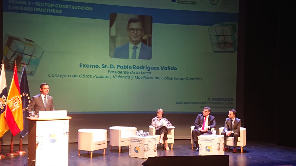 ConfeCan's tweet photo. Comienza la mesa "Experiencias y aplicaciones sectoriales en CONSTRUCCIÓN, necesidades y planteamiento de proyectos", con la intervención de @PabloRodriguezV, Consejero de @obras_GobCan.

Modera la mesa, María de la Salud Gil, Vicepresidenta de la CCE y Presidenta de @LpaAecp. https://t.co/3S6eL7kE6j