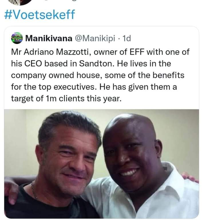 Max_Khalanga's tweet photo. @Julius_S_Malema So you only suck up to your Italian mafia / illicit cigarette smuggler &amp; CEO Andriano Mazzoti ? #VoetsekEFF https://t.co/UiF8FDtoYU