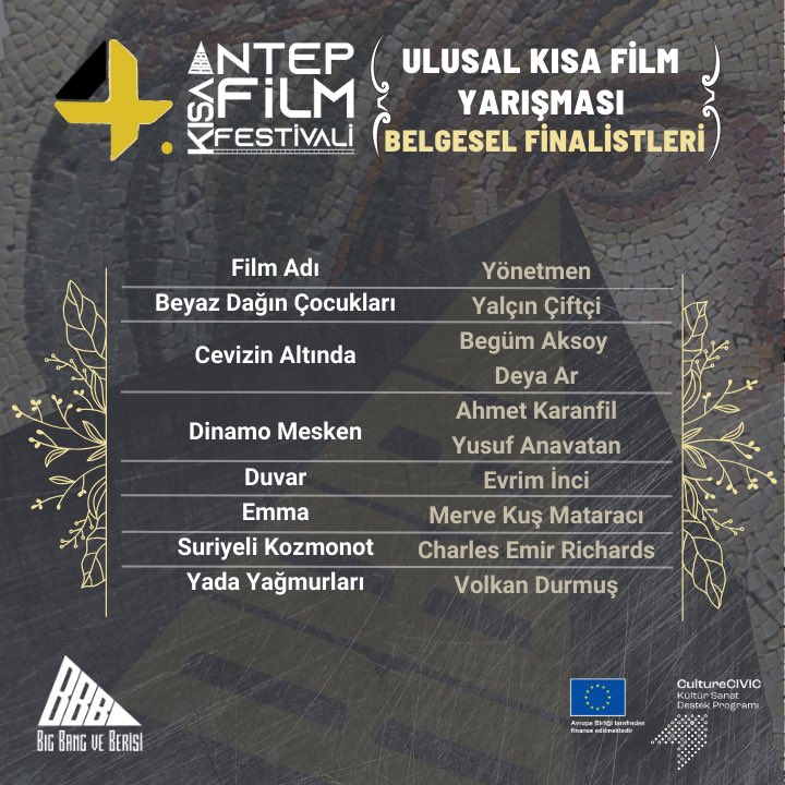 bigbangveberisi's tweet photo. Antep Kısa Film Festivali Ulusal Kısa Film Yarışması Belgesel Kategorisi finalistleri belli oldu. 📣

#AKFF 🗓 24-26 Kasım 2023 tarihleri arasında Gaziantep Forum Paribu Cineverse sinema salonlarında gerçekleşecek. https://t.co/C8KaDChofa