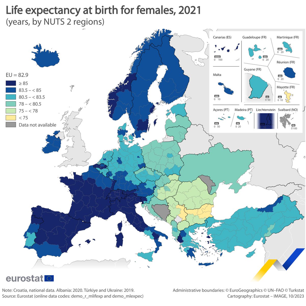 In 2021, the overall life expectancy at birth in the EU was 80.1 years. The life expectancy for women was 82.9 years.👵 Highest for women in: 🇪🇸Comunidad de Madrid (88.2 years) 🇪🇸Comunidad Foral de Navarra (87.6 years) Read the news article👉europa.eu/!n7BXP7 #EurostatRYB