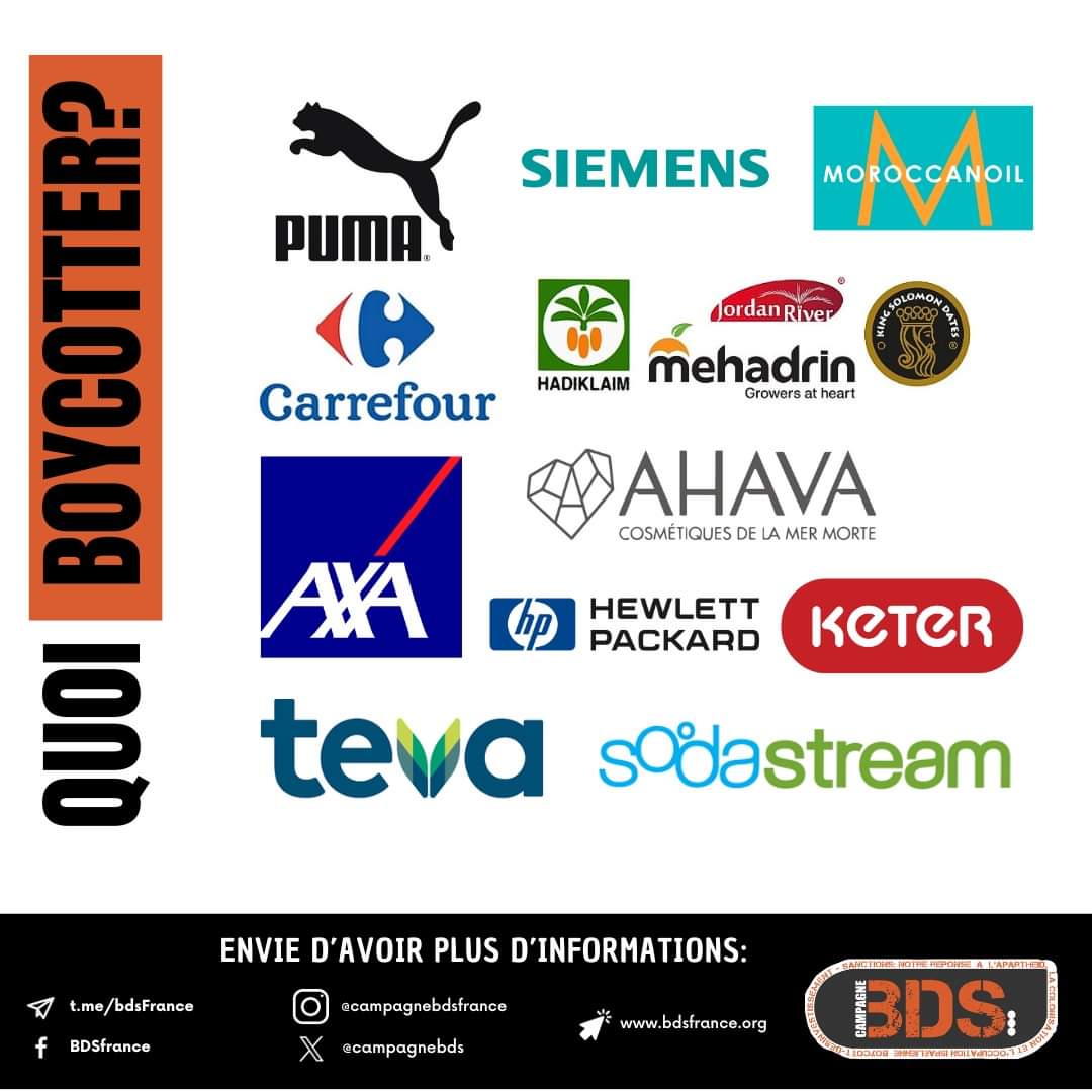 Tous ensemble dans la campagne internationale #BDS !
#JusticeForPalestine #Palestine
Voici les produits que nous vous appelons à boycotter !