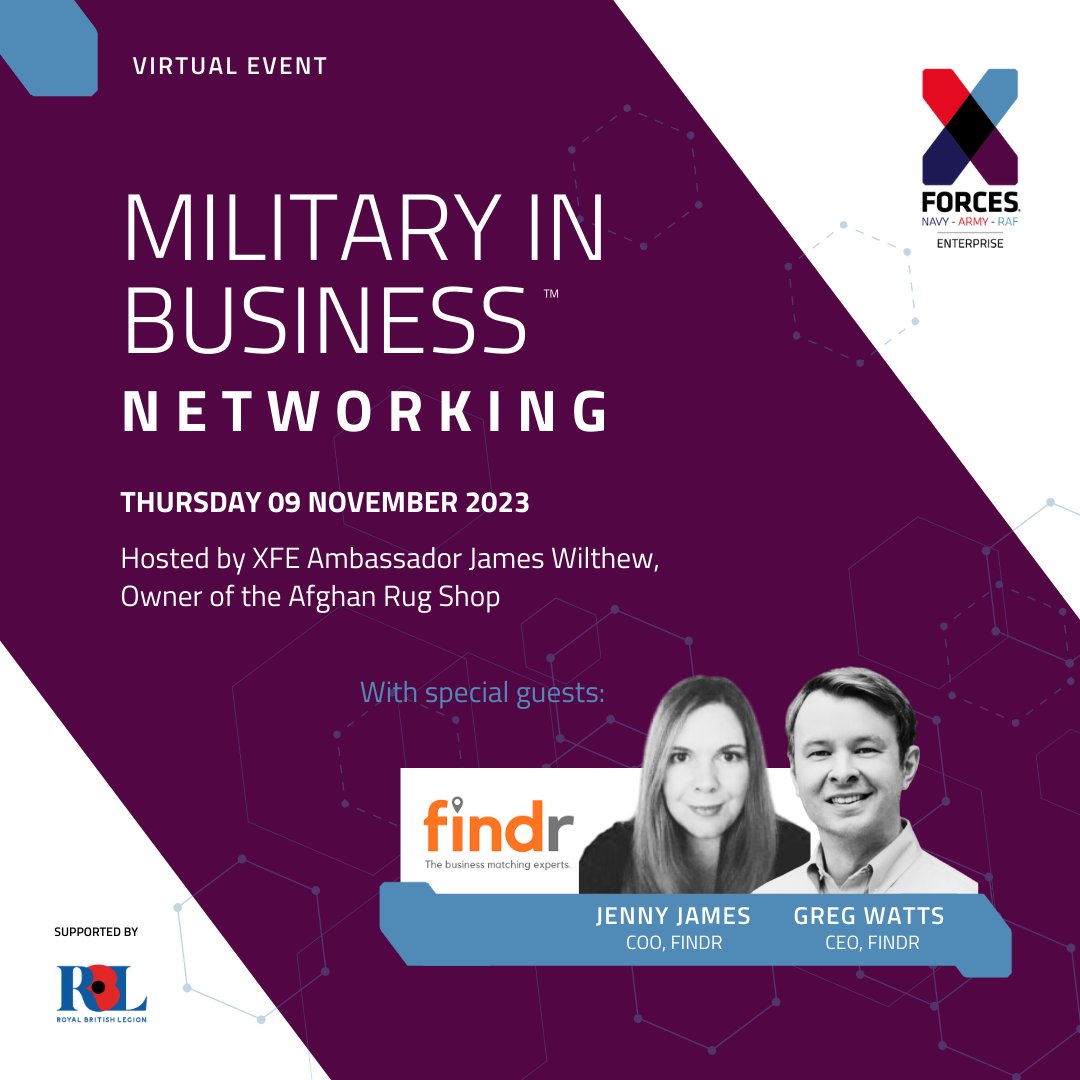 XForces's tweet photo. Looking for some #MondayMotivation?
Register for Thursday's Military in Business® virtual networking session, hosted by XFE Ambassador James Wilthew of @afghanrugshop, with special guests Jenny and Greg from our channel partner #Findr
Book your place ➡ https://t.co/NebqyINMTN https://t.co/azt975P8NC
