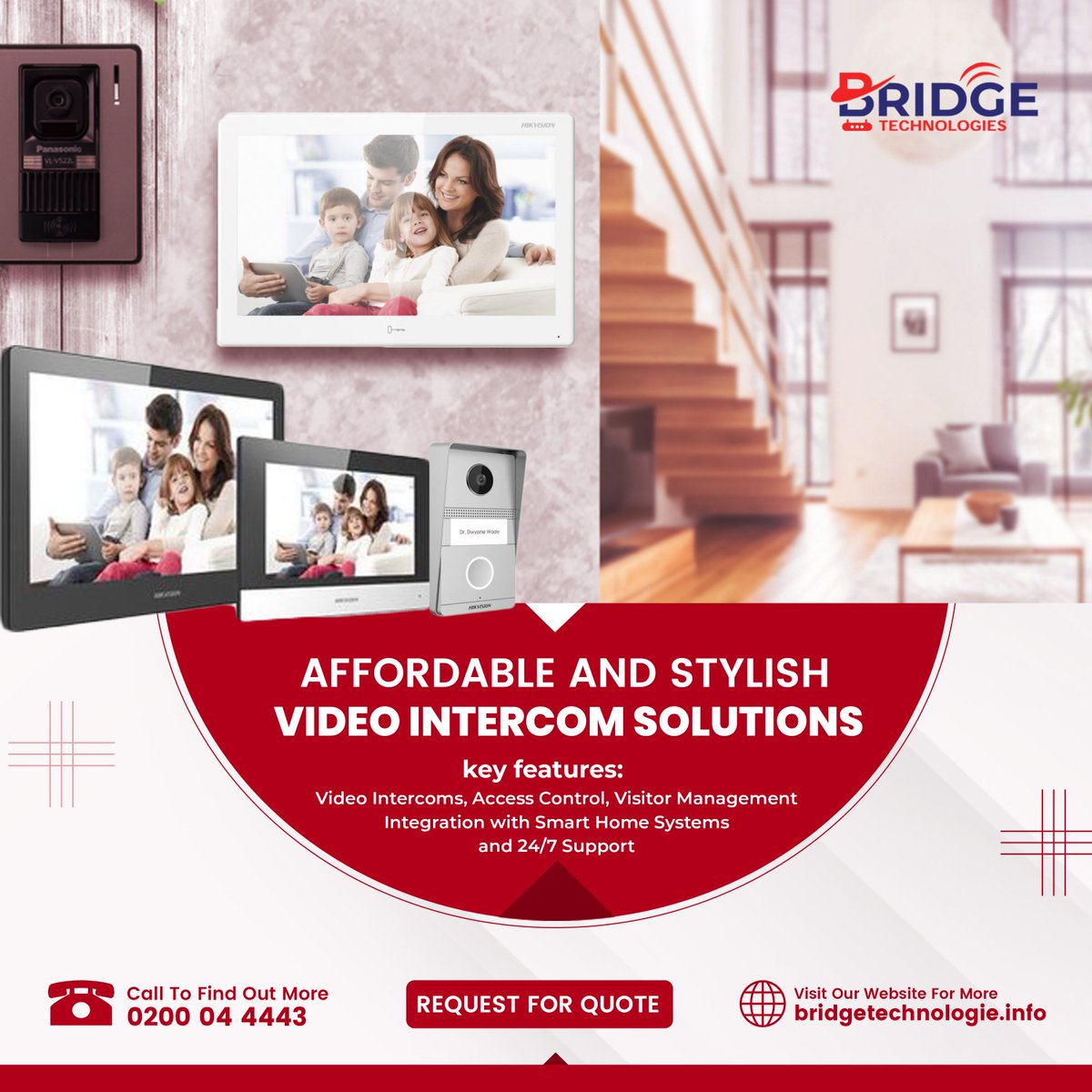 GHBridgeTech's tweet image. Discover our sleek and modern Video Intercom Solutions, perfect for office buildings, boutiques, hotels, and apartments.   

For stylish, user-friendly communication, contact us today at  020 004 4443.

#BridgeTechnologies #Video #Intercoms #IntercomSystem #Hospitality