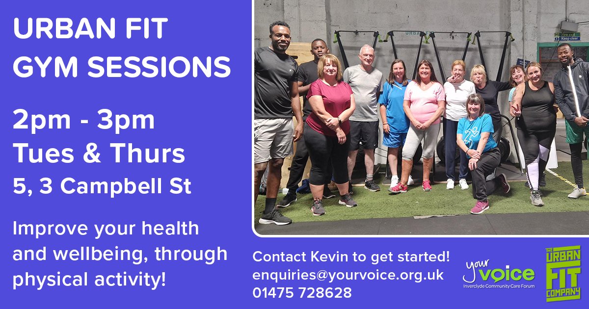 YourVoiceInver's tweet photo. Get UrbanFit! Improve your health and wellbeing through physical activity!
For further information, contact Kevin at Your Voice on 01475 728628 to get started!
#InverclydeCares #ConnectToWellbeing #fitness #urbanfit #socialising #wellbeing #fitness @urbanfitcompany https://t.co/vAIYLYC2Yi